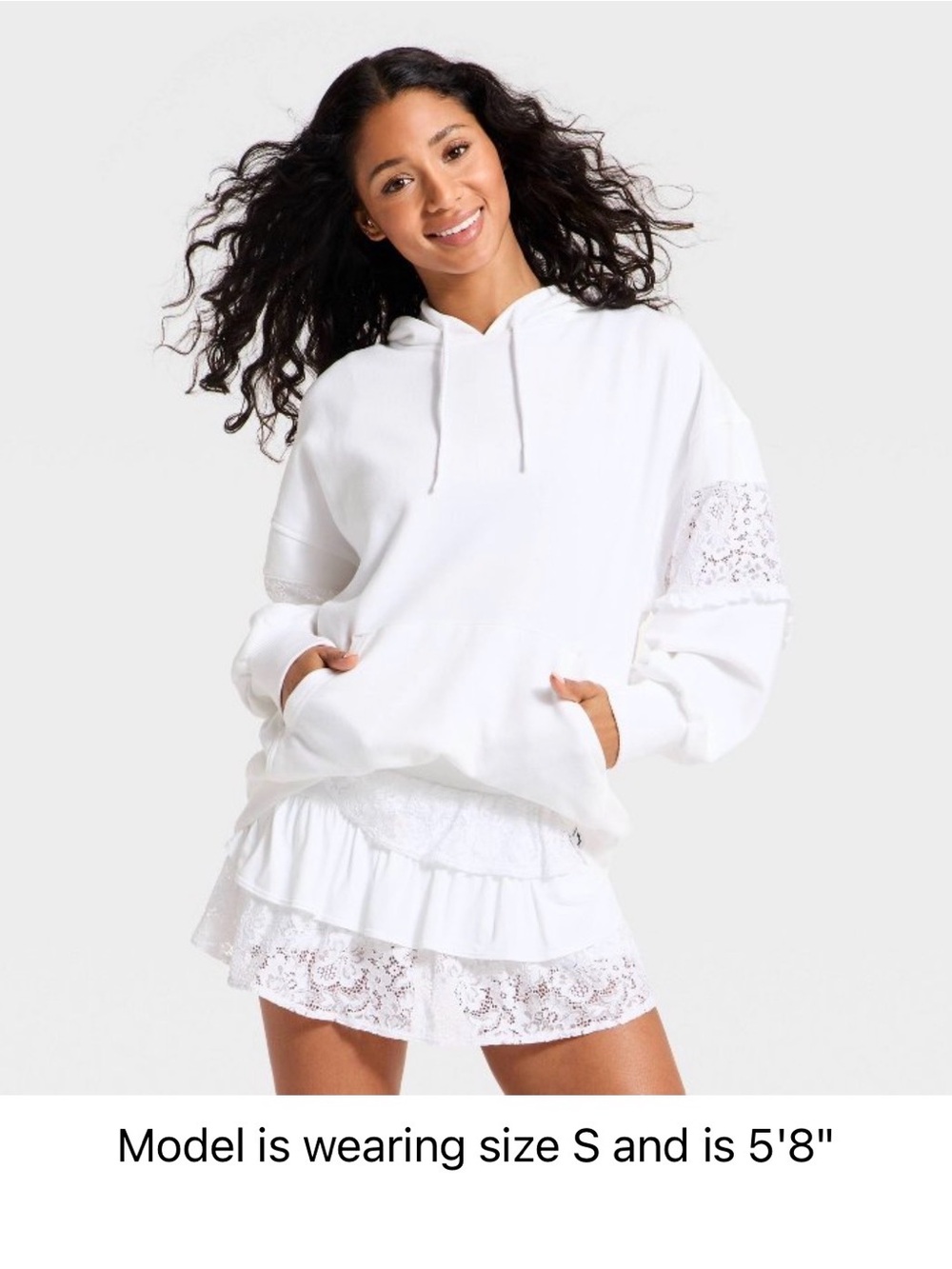 Women’s Lace Trim French Terry Hooded Sweatshirt.